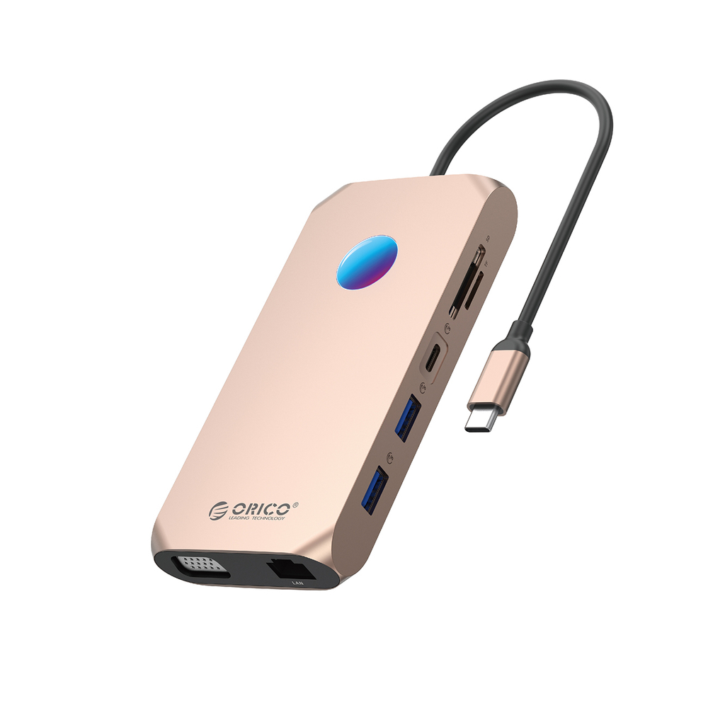 Orico XCR 12in1 RGB USB-C Dokavimo stotis 3x USB-A 3.1 1x USB-A 2.0 1x USB-C PD 100W 1x USB-C 3.1 1x HDMI 1.4 4K 30Hz 1x VGA 1080p 1x microSD/SD 3.0 1x RJ Gigabit Ethernet 1x Audio CTIA 3.5mm - Rožinis auksas