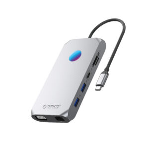 Orico XCR 12in1 RGB USB-C Dokavimo stotis 3x USB-A 3.1 1x USB-A 2.0 1x USB-C PD 100 W 1x USB-C 3.1 1x HDMI 1.4 4K 30Hz 1x VGA 1080p 1x microSD/SD 3.0 1x RJ Gigabit Ethernet 1x Audio CTIA 3.5 mm - Pilka