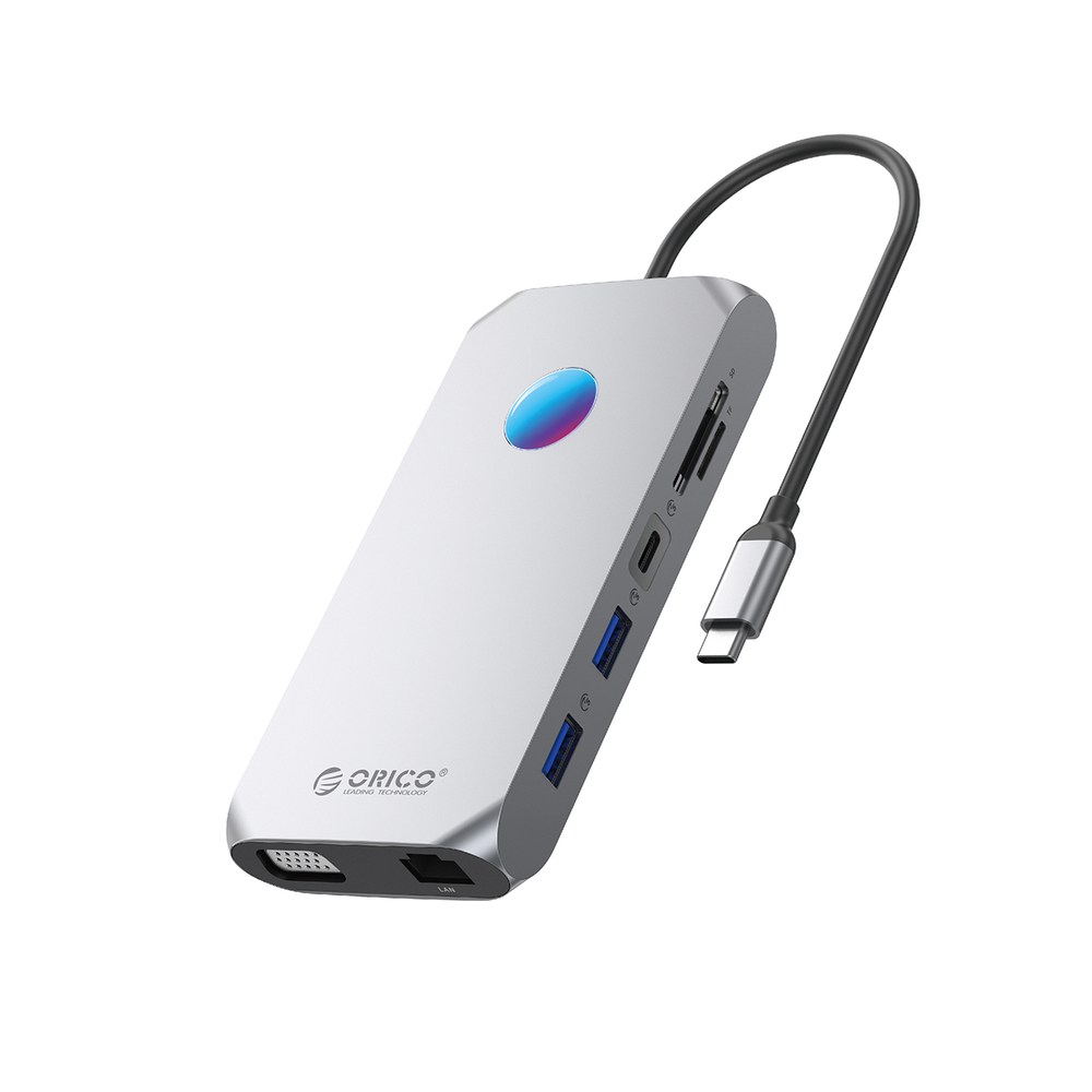 Orico XCR 12in1 RGB USB-C Dokavimo stotis 3x USB-A 3.1 1x USB-A 2.0 1x USB-C PD 100 W 1x USB-C 3.1 1x HDMI 1.4 4K 30Hz 1x VGA 1080p 1x microSD/SD 3.0 1x RJ Gigabit Ethernet 1x Audio CTIA 3.5 mm - Pilka