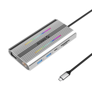Orico XDR 12in1 RGB USB-C Dokavimo stotis USB-A USB-C PD 100W 2x HDMI 4K 60Hz VGA RJ45 Gigabit SD ir microSD Kortelės Skaitytuvas - Pilka