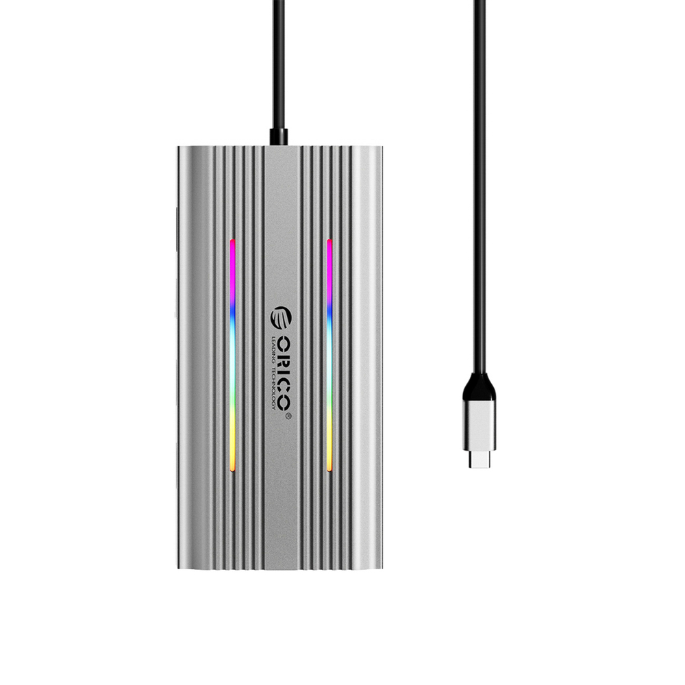 Orico XDR 12in1 RGB USB-C Dokavimo stotis USB-A USB-C PD 100W 2x HDMI 4K 60Hz VGA RJ45 Gigabit SD ir microSD Kortelės Skaitytuvas - Pilka