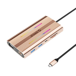 Orico XDR 12in1 RGB USB-C prijungimo stotis USB-A USB-C PD 100W 2x HDMI 4K 60Hz VGA RJ45 Gigabit SD ir microSD kortelės skaitytuvas - rožinė spalva