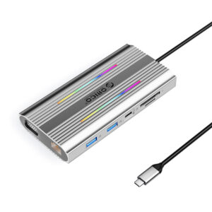Orico XDR 12in1 RGB USB-C prijungimo stotis 3x USB-A USB-C PD 100W HDMI 4K VGA RJ45 Gigabit SD ir microSD kortelės skaitytuvas - sidabrinė spalva
