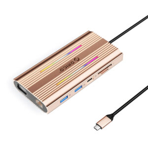 Orico XDR 12in1 RGB USB-C prijungimo stotis 3x USB-A USB-C PD 100W HDMI 4K VGA RJ45 Gigabit SD ir microSD kortelės skaitytuvas - rožinė spalva