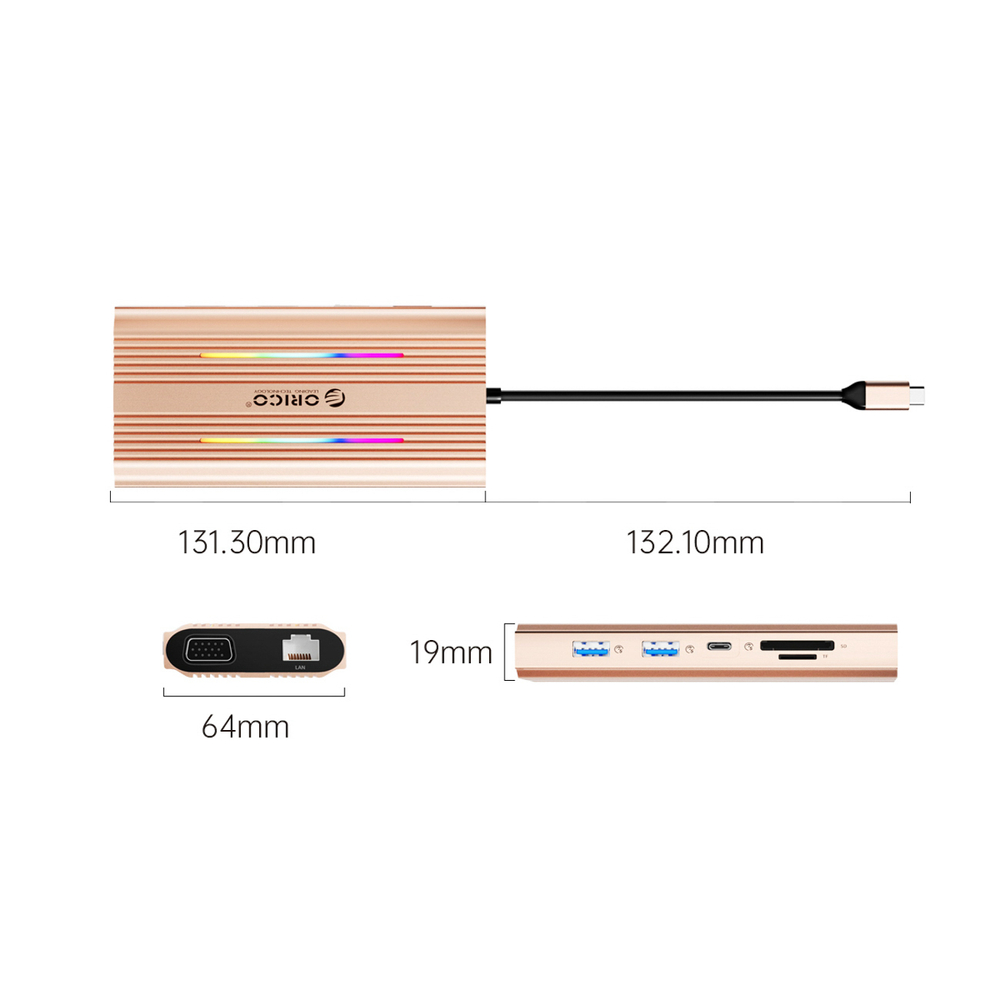 Orico XDR 12in1 RGB USB-C prijungimo stotis 3x USB-A USB-C PD 100W HDMI 4K VGA RJ45 Gigabit SD ir microSD kortelės skaitytuvas - rožinė spalva