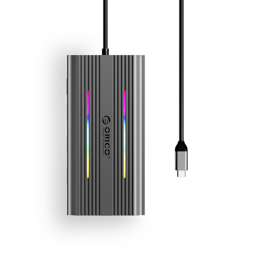 Orico XDR 12in1 RGB USB-C prijungimo stotis 3x USB-A USB-C PD 100W HDMI 4K VGA RJ45 Gigabit SD ir microSD kortelės skaitytuvas - pilka spalva