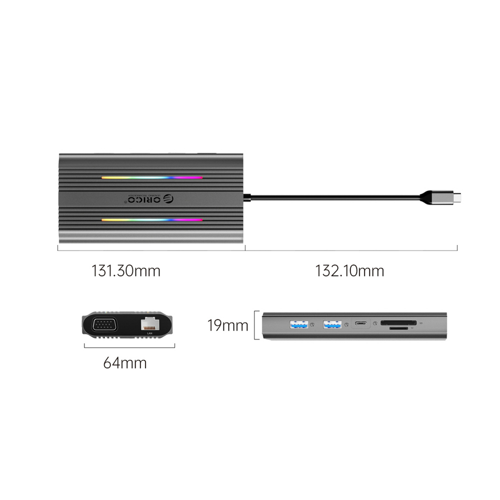Orico XDR 12in1 RGB USB-C prijungimo stotis 3x USB-A USB-C PD 100W HDMI 4K VGA RJ45 Gigabit SD ir microSD kortelės skaitytuvas - pilka spalva