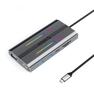 Orico XDR 12in1 RGB USB-C prijungimo stotis 3x USB-A USB-C PD 100W HDMI 4K VGA RJ45 Gigabit SD ir microSD kortelės skaitytuvas - pilka spalva