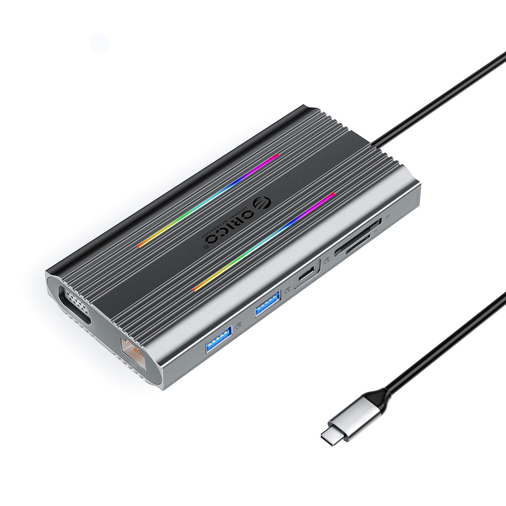 Orico XDR 12in1 RGB USB-C prijungimo stotis 3x USB-A USB-C PD 100W HDMI 4K VGA RJ45 Gigabit SD ir microSD kortelės skaitytuvas - pilka spalva