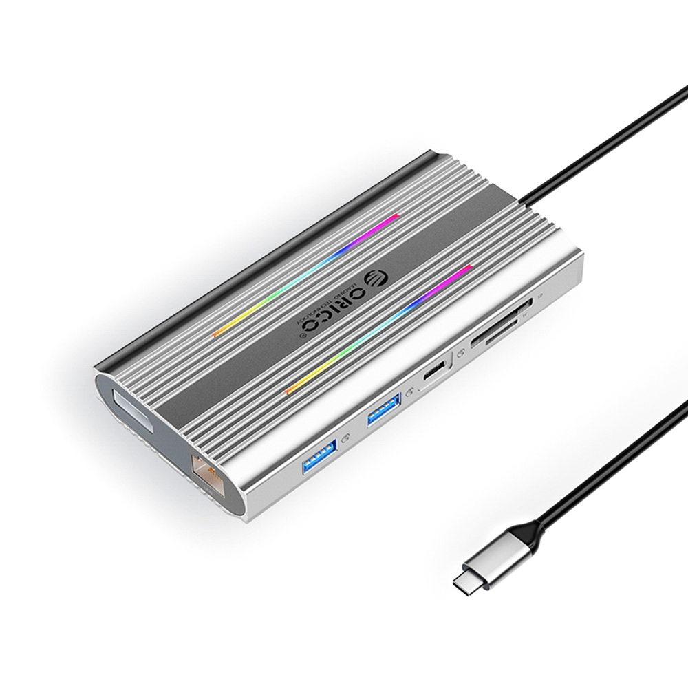 Orico XDR 12in1 RGB USB-C prijungimo stotis USB-A USB-C 2x HDMI 4K 60Hz DisplayPort 4K 60Hz RJ45 Gigabit PD 100W SD ir microSD kortelės skaitytuvas - sidabrinė spalva