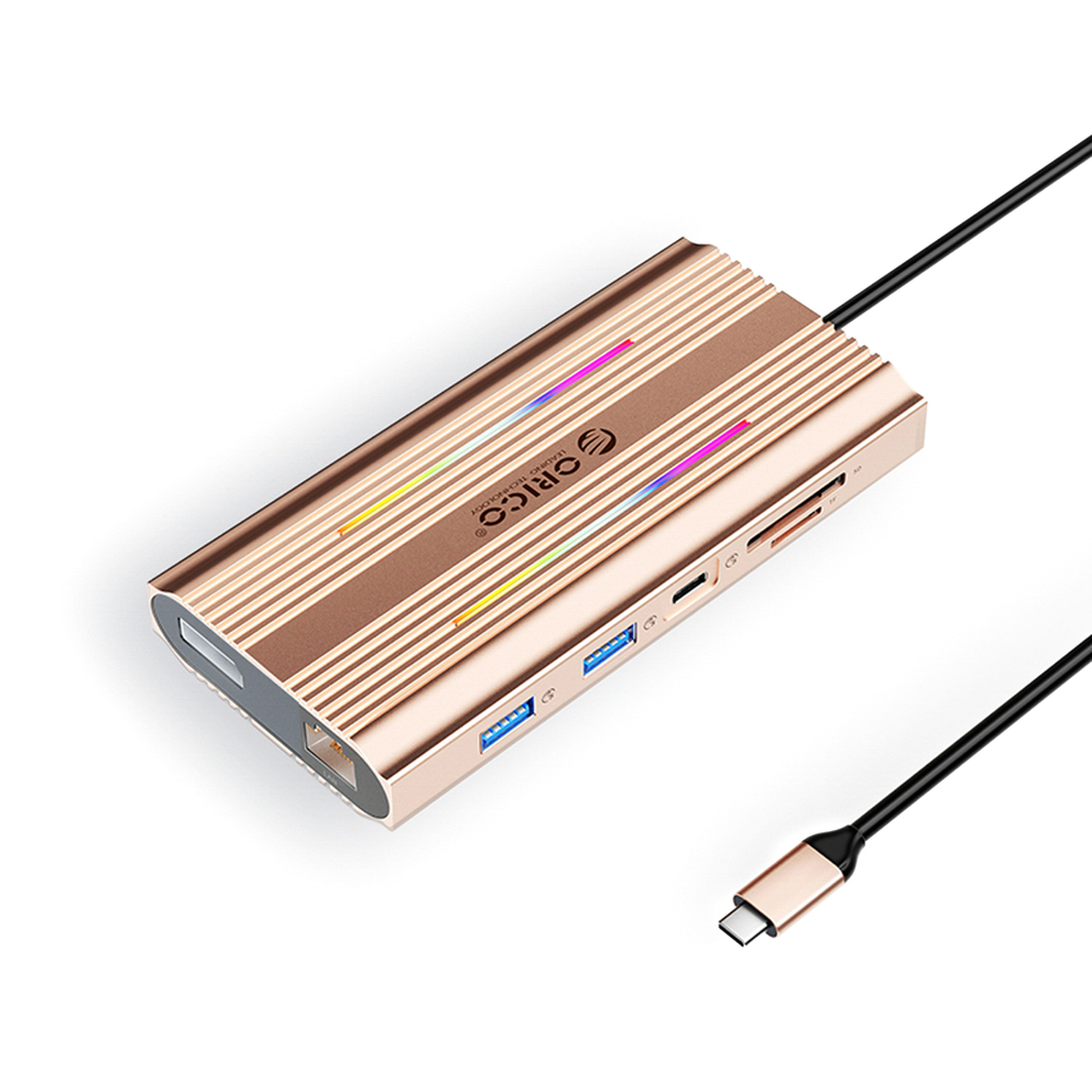 Orico XDR 12in1 RGB USB-C pristarto stotis USB-A USB-C 2x HDMI 4K 60 Hz DisplayPort 4K 60 Hz RJ45 Gigabit PD 100W SD ir microSD kortelės skaitytuvas - rožinis auksas