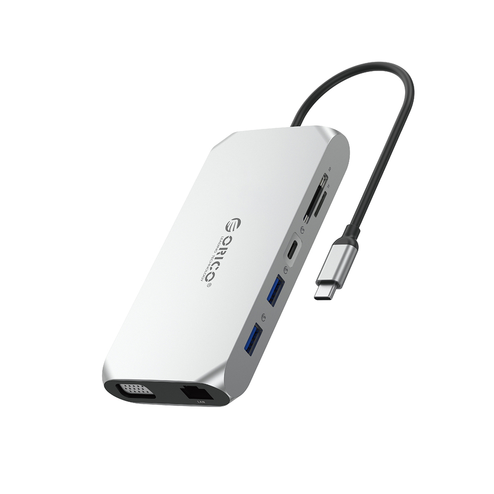 Orico XCR 12in1 USB-C pristarto stotis 2x USB-A 3.1 1x USB-A 2.0 1x USB-C PD 100W 1x USB-C 3.1 2x HDMI 2.0 4K 60 Hz 1x VGA 1080p 1x SD 3.0 1x microSD 3.0 1x RJ45 Gigabit Ethernet 1x audio CTIA 3.5mm - sidabrinė