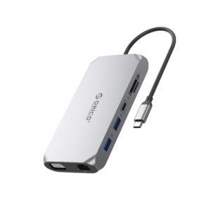 Orico XCR 12in1 USB-C pristarto stotis 2x USB-A 3.1 1x USB-A 2.0 1x USB-C PD 100W 1x USB-C 3.1 2x HDMI 2.0 4K 60 Hz 1x VGA 1080p 1x SD 3.0 1x microSD 3.0 1x RJ45 Gigabit Ethernet 1x audio CTIA 3.5mm - pilka