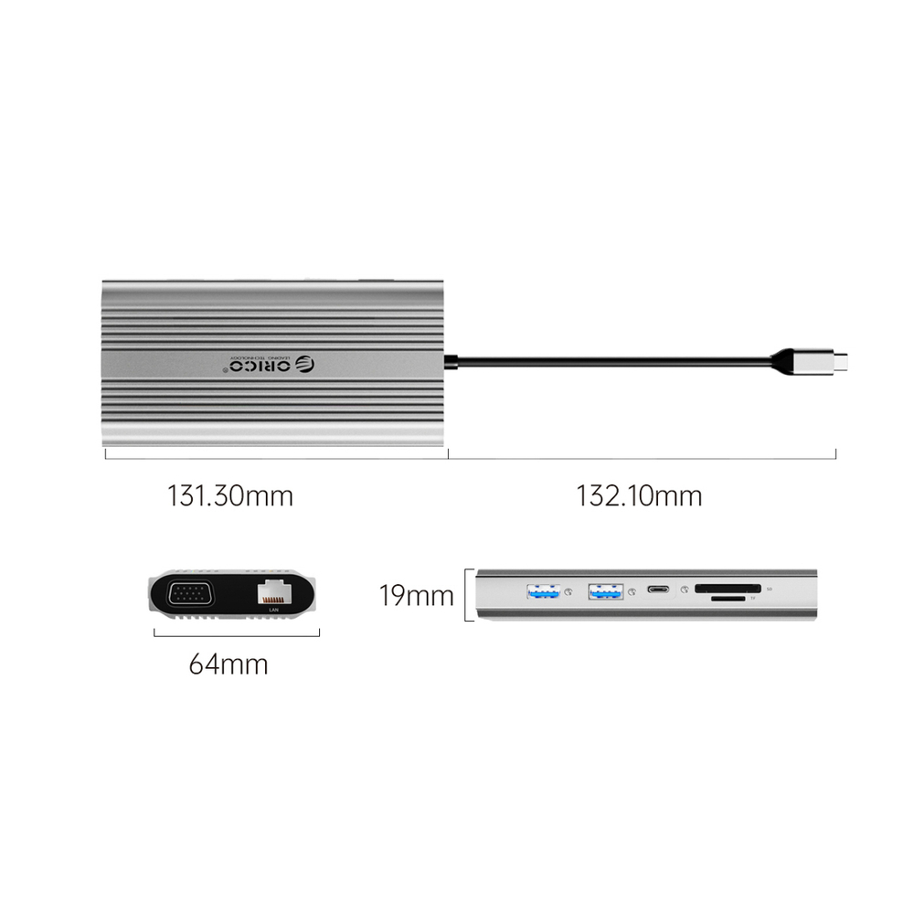 Orico XDR 12in1 USB-C stotis USB-A USB-C HDMI 4K VGA RJ45 Gigabit PD 100W SD ir microSD kortelės skaitytuvas - Sidabrinė
