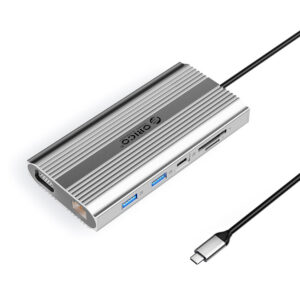 Orico XDR 12in1 USB-C stotis USB-A USB-C HDMI 4K VGA RJ45 Gigabit PD 100W SD ir microSD kortelės skaitytuvas - Sidabrinė