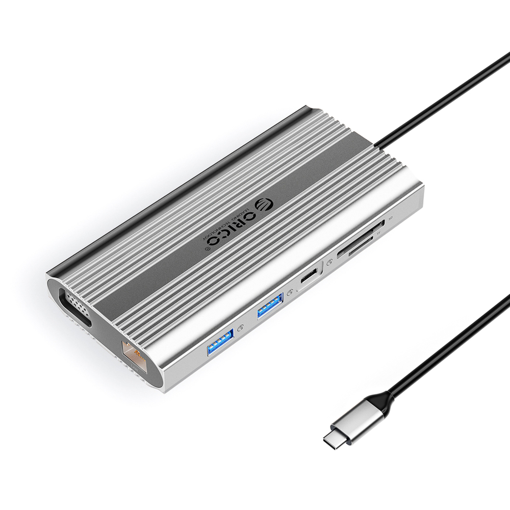 Orico XDR 12in1 USB-C stotis USB-A USB-C HDMI 4K VGA RJ45 Gigabit PD 100W SD ir microSD kortelės skaitytuvas - Sidabrinė