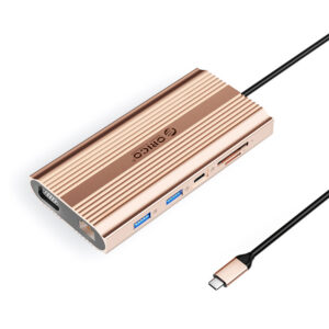 Orico XDR 12-in-1 USB-C stotis USB-A USB-C HDMI 4K VGA RJ45 Gigabit PD 100W SD ir microSD kortelės skaitytuvas - Rožinė (Rose Gold)