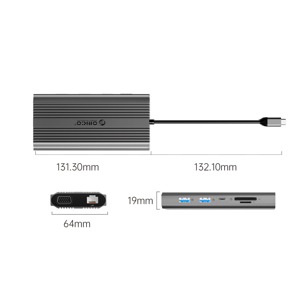 Orico XDR 12in1 USB-C stotis USB-A USB-C HDMI 4K VGA RJ45 Gigabit PD 100W SD ir microSD kortelės skaitytuvas - Pilka