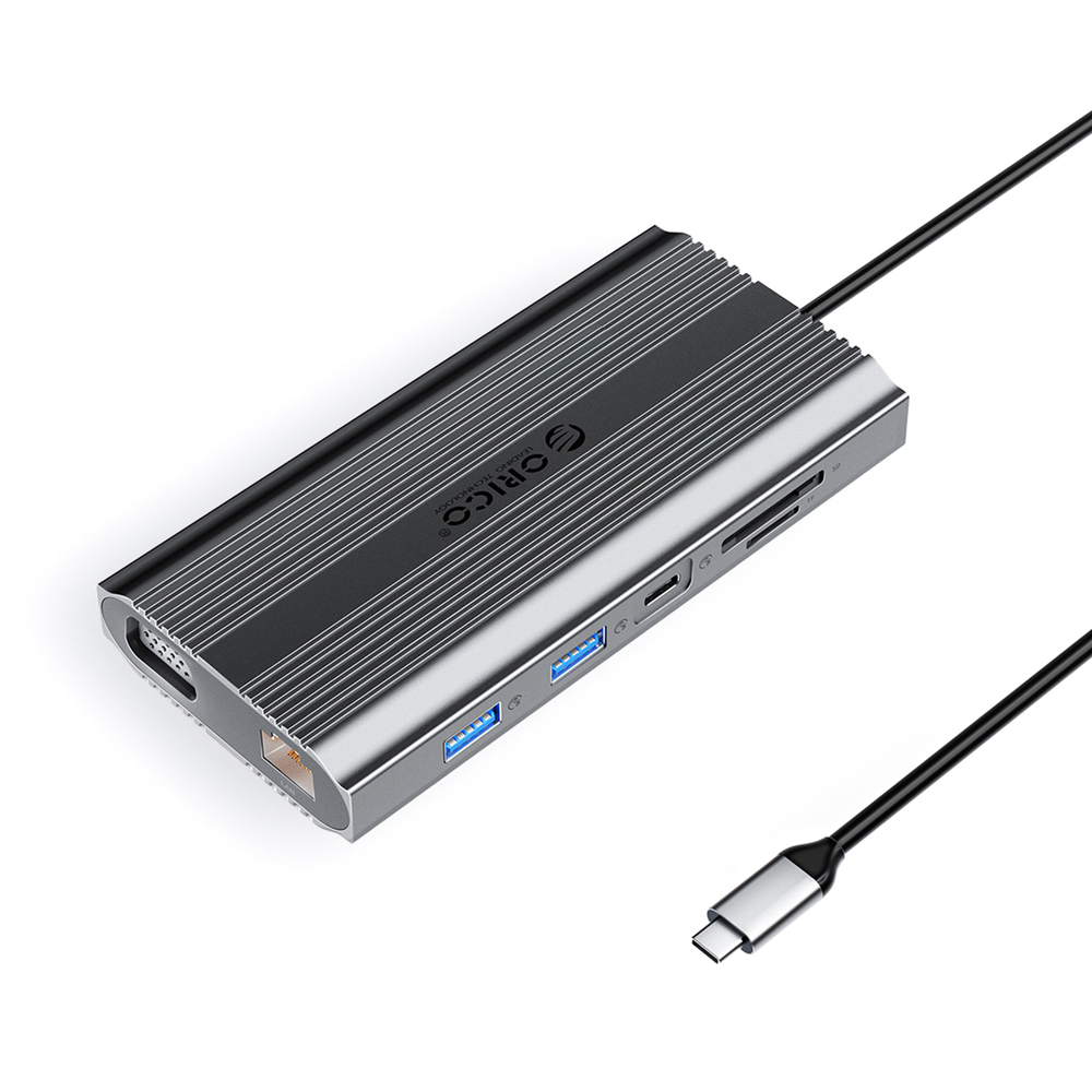 Orico XDR 12in1 USB-C stotis USB-A USB-C HDMI 4K VGA RJ45 Gigabit PD 100W SD ir microSD kortelės skaitytuvas - Pilka