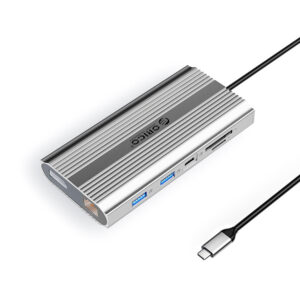 Orico XDR 12in1 USB-C stotis USB-A USB-C 2x HDMI 4K 60Hz DisplayPort 4K 60Hz RJ45 Gigabit PD 100W SD ir microSD kortelės skaitytuvas - Sidabrinė