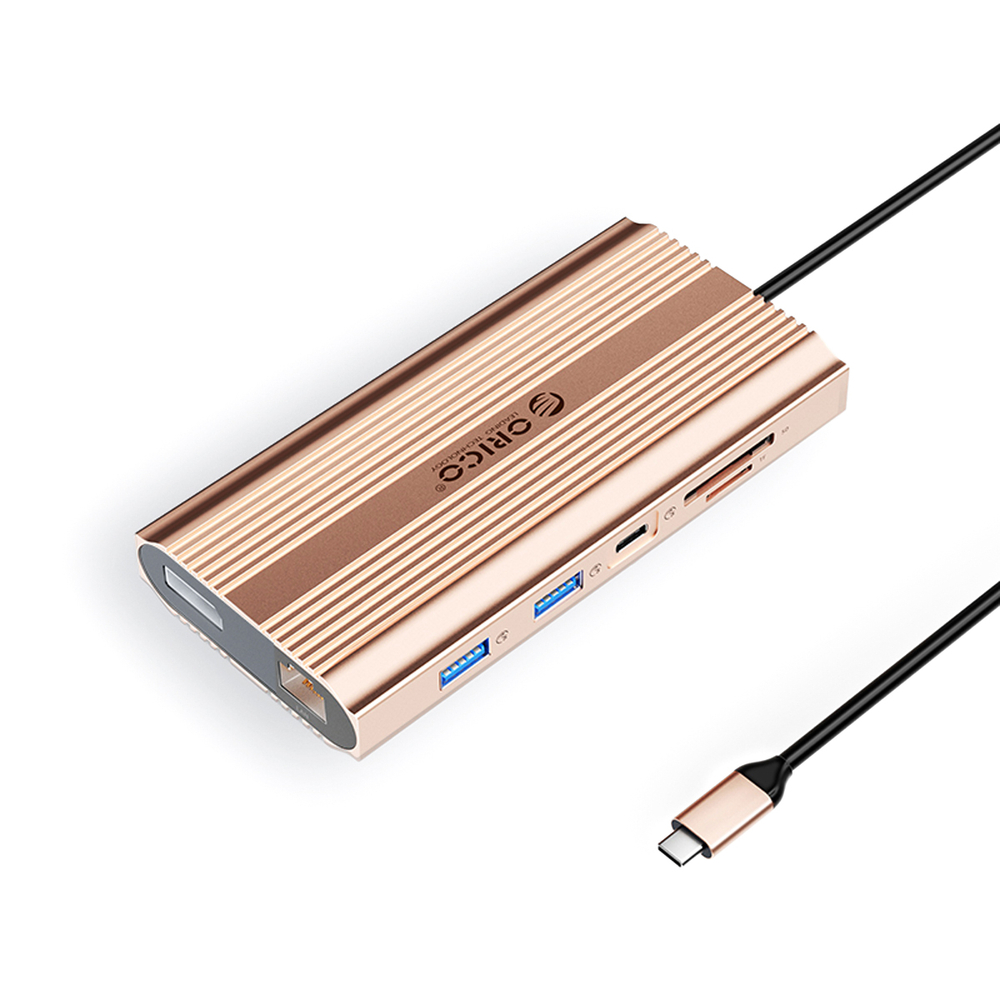 Orico XDR 12in1 USB-C stotis USB-A USB-C 2x HDMI 4K 60Hz DisplayPort 4K 60Hz RJ45 Gigabit PD 100W SD ir microSD kortelės skaitytuvas - Rožinė (Rose Gold)