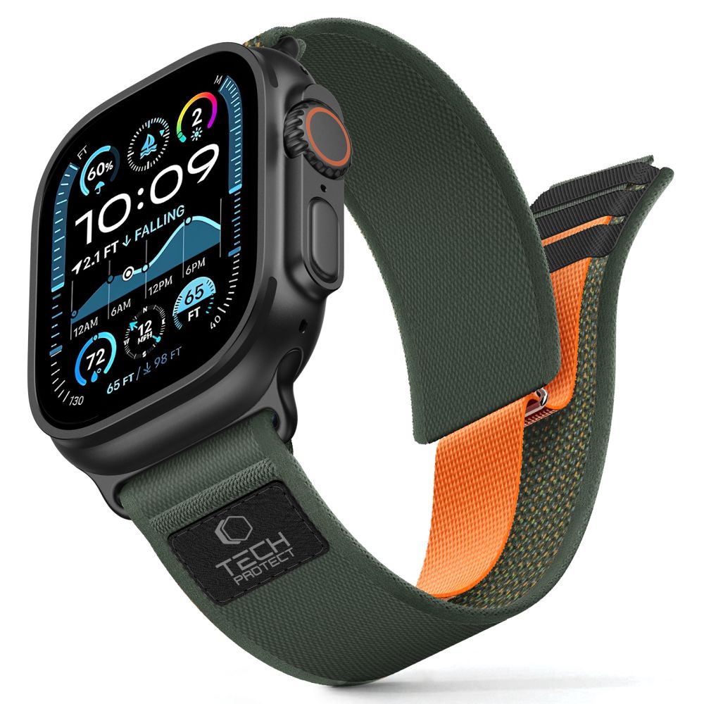 Dirželis Tech-Protect Nylon Elite Apple Watch 8 / 9 / 10 / 11 / SE / Ultra (44 / 45 / 46 / 49 mm), žalias / oranžinis