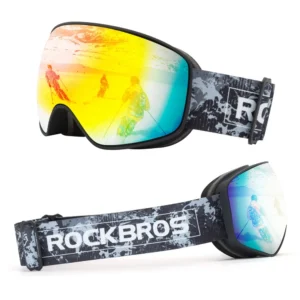 Rockbros SP284 vaikiški slidinėjimo akiniai anti-rūdimas su UV filtru, pilki lęšiai su raudona veidrodėle - juodi