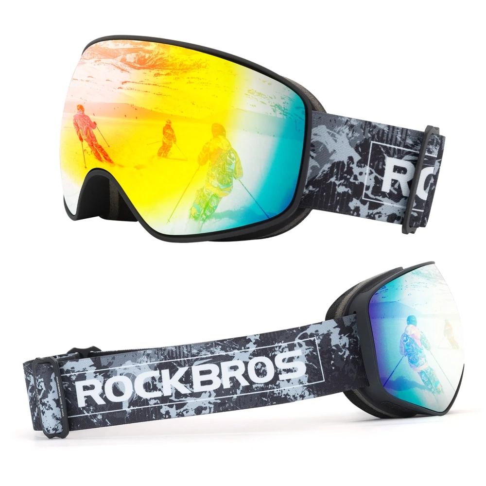Rockbros SP284 vaikiški slidinėjimo akiniai anti-rūdimas su UV filtru, pilki lęšiai su raudona veidrodėle - juodi