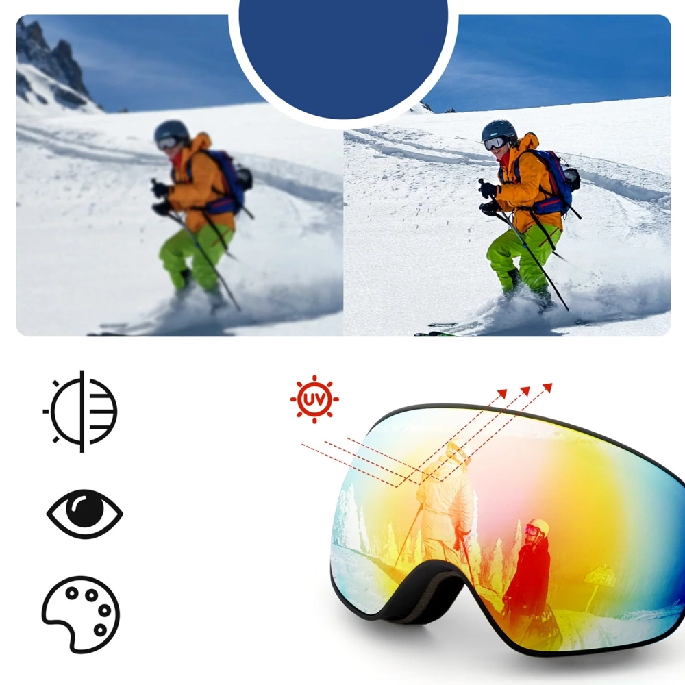 Rockbros SP284 vaikiški slidinėjimo akiniai anti-rūdimas su UV filtru, pilki lęšiai su raudona veidrodėle - juodi