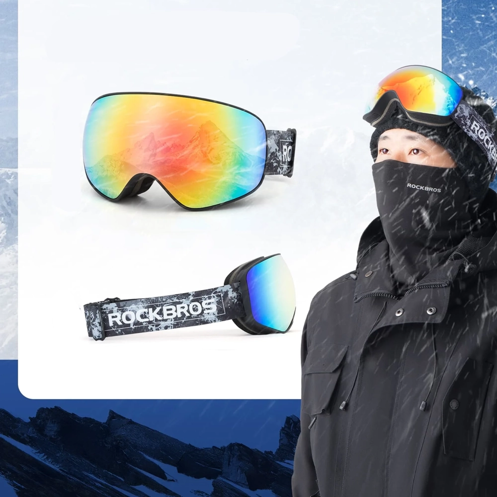 Rockbros SP284 vaikiški slidinėjimo akiniai anti-rūdimas su UV filtru, pilki lęšiai su raudona veidrodėle - juodi