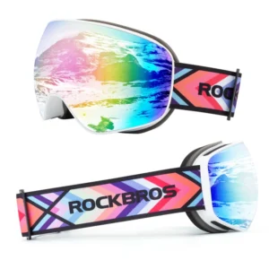 Rockbros SP284 vaikiški slidinėjimo akiniai anti-rūdimas su UV filtru, pilki lęšiai su rožine veidrodėle - balti