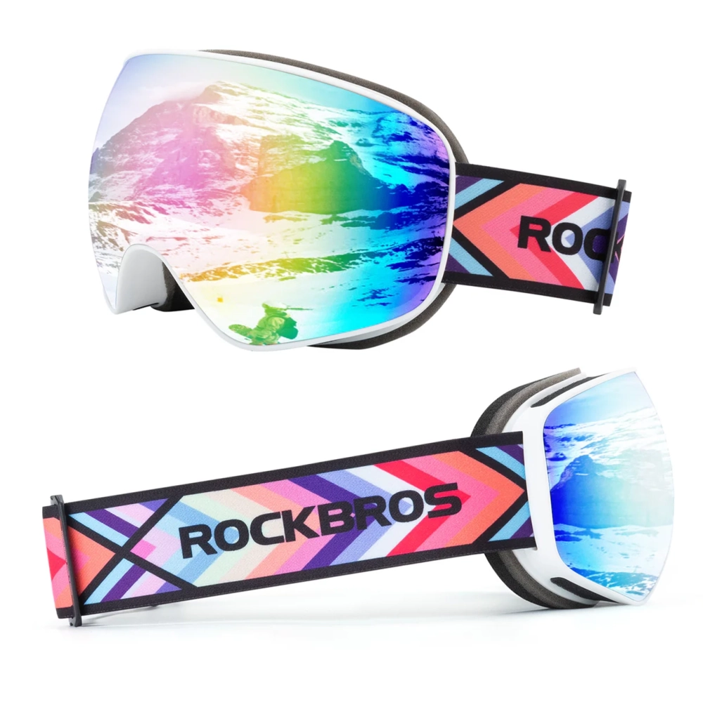 Rockbros SP284 vaikiški slidinėjimo akiniai anti-rūdimas su UV filtru, pilki lęšiai su rožine veidrodėle - balti