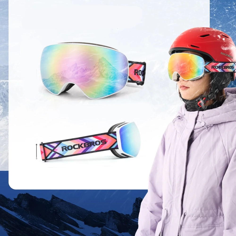 Rockbros SP284 vaikiški slidinėjimo akiniai anti-rūdimas su UV filtru, pilki lęšiai su rožine veidrodėle - balti