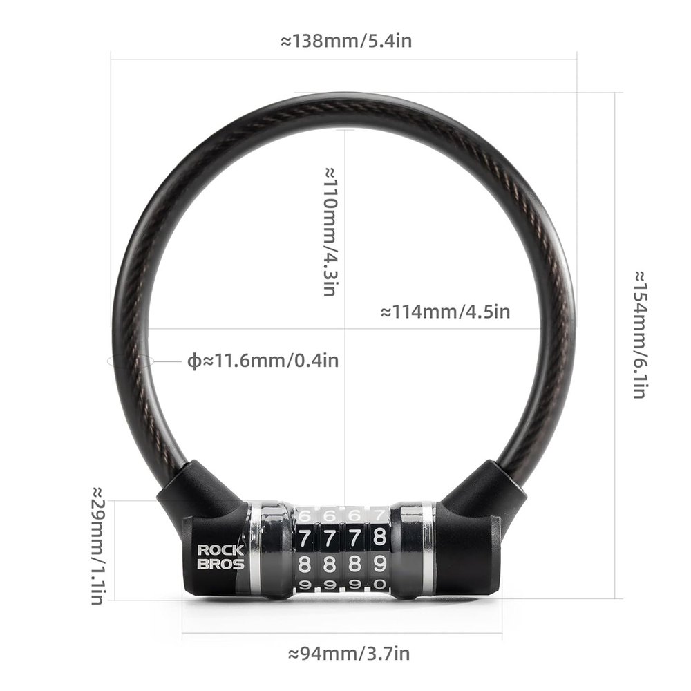 Rockbros 87639-4 dviračio spyna su kodu ir plieno kabeliu - juoda