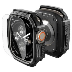 Spigen Rugged Armor dėklas + 9H grūdintas stiklas Apple Watch Ultra 49 mm - juodas matinis
