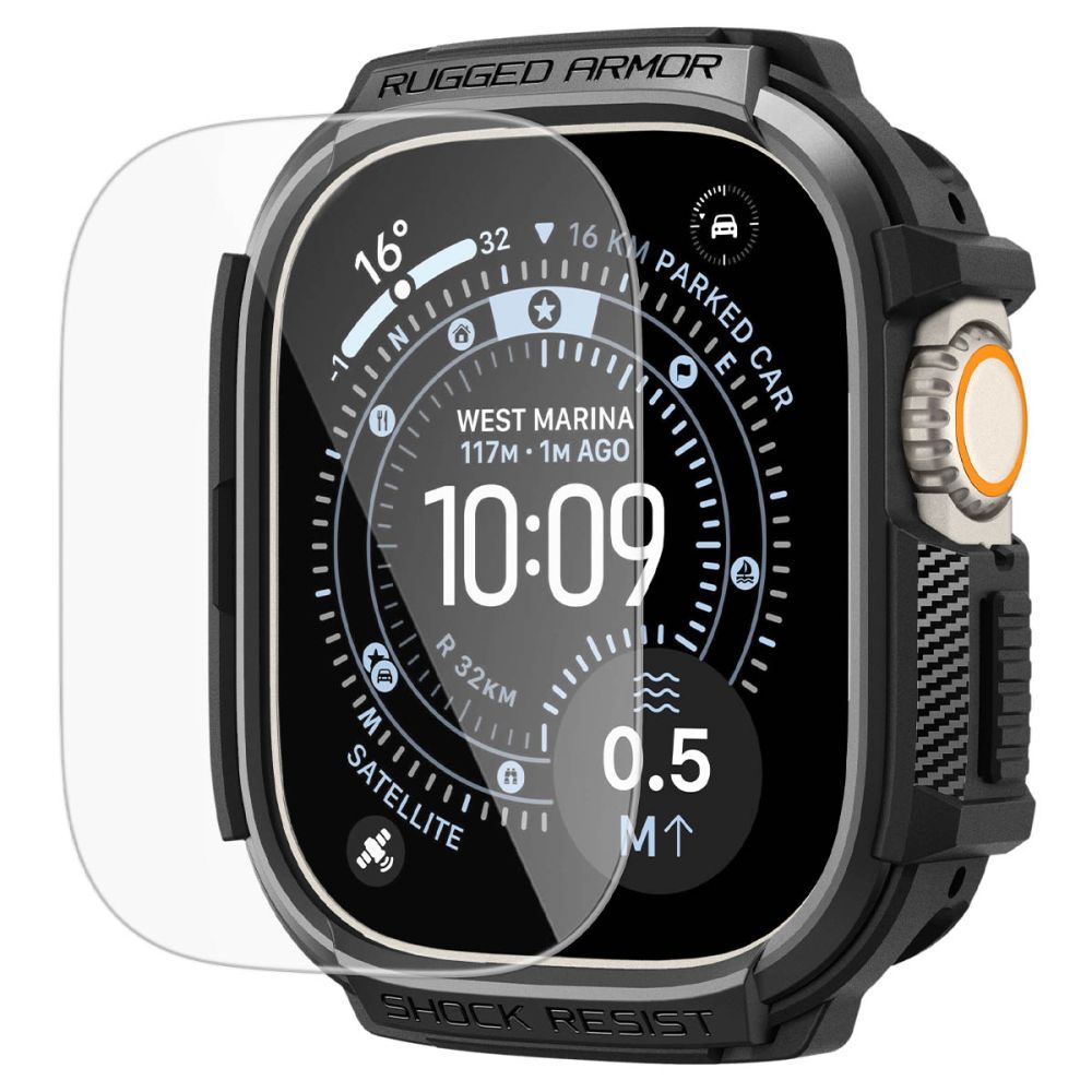 Spigen Rugged Armor dėklas + 9H grūdintas stiklas Apple Watch Ultra 49 mm - juodas matinis