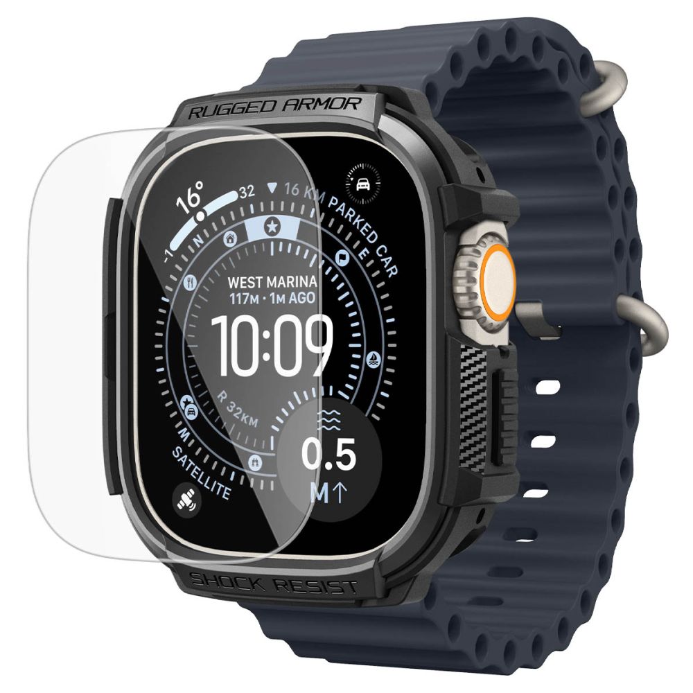 Spigen Rugged Armor dėklas + 9H grūdintas stiklas Apple Watch Ultra 49 mm - juodas matinis