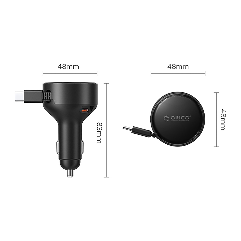 Orico FC-60-2C automobilio įkroviklis 60W su suvytintam USB-C kabeliu 65 cm - juoda