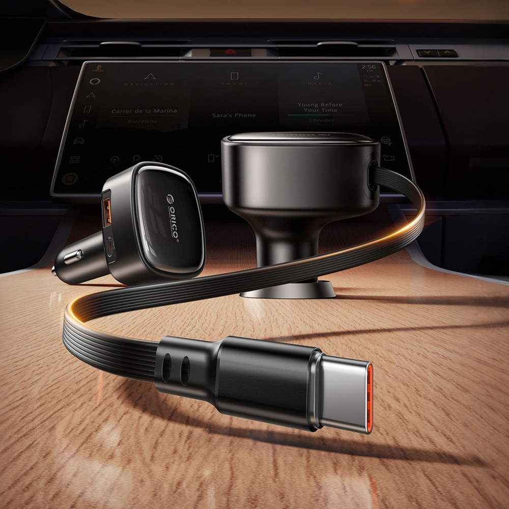 Orico FC-66-1A2C 66W automobilio įkroviklis su integruotu suvytintam USB-C kabeliu - juoda