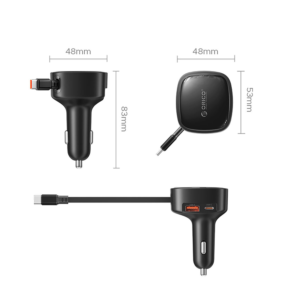 Orico FC-66-1A2C 66W automobilio įkroviklis su integruotu suvytintam USB-C kabeliu - juoda