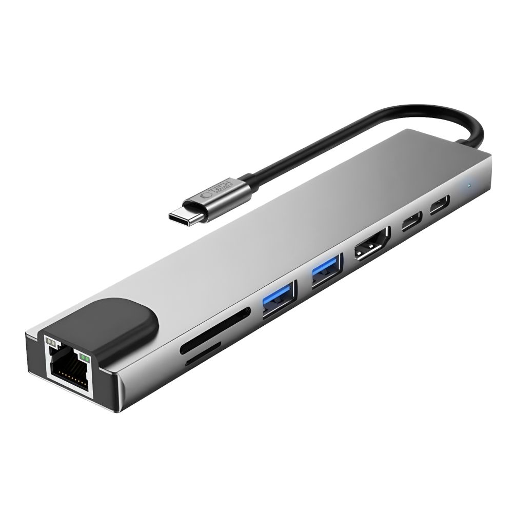 Šakotuvas Tech-Protect HB09 8in1 Type-C + USB-A 3.0 + USB-C 3.0 + HDMI 4K 60Hz + SD/TF + PD 100W + RJ45 1000Mb/s, pilkas
