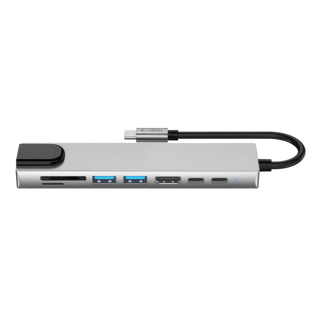 Šakotuvas Tech-Protect HB09 8in1 Type-C + USB-A 3.0 + USB-C 3.0 + HDMI 4K 60Hz + SD/TF + PD 100W + RJ45 1000Mb/s, pilkas