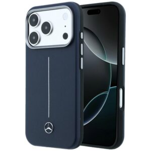 Mercedes Leather Semi Wrap Iconic Line MagSafe dėklas skirtas iPhone 17 Pro - tamsiai mėlynas
