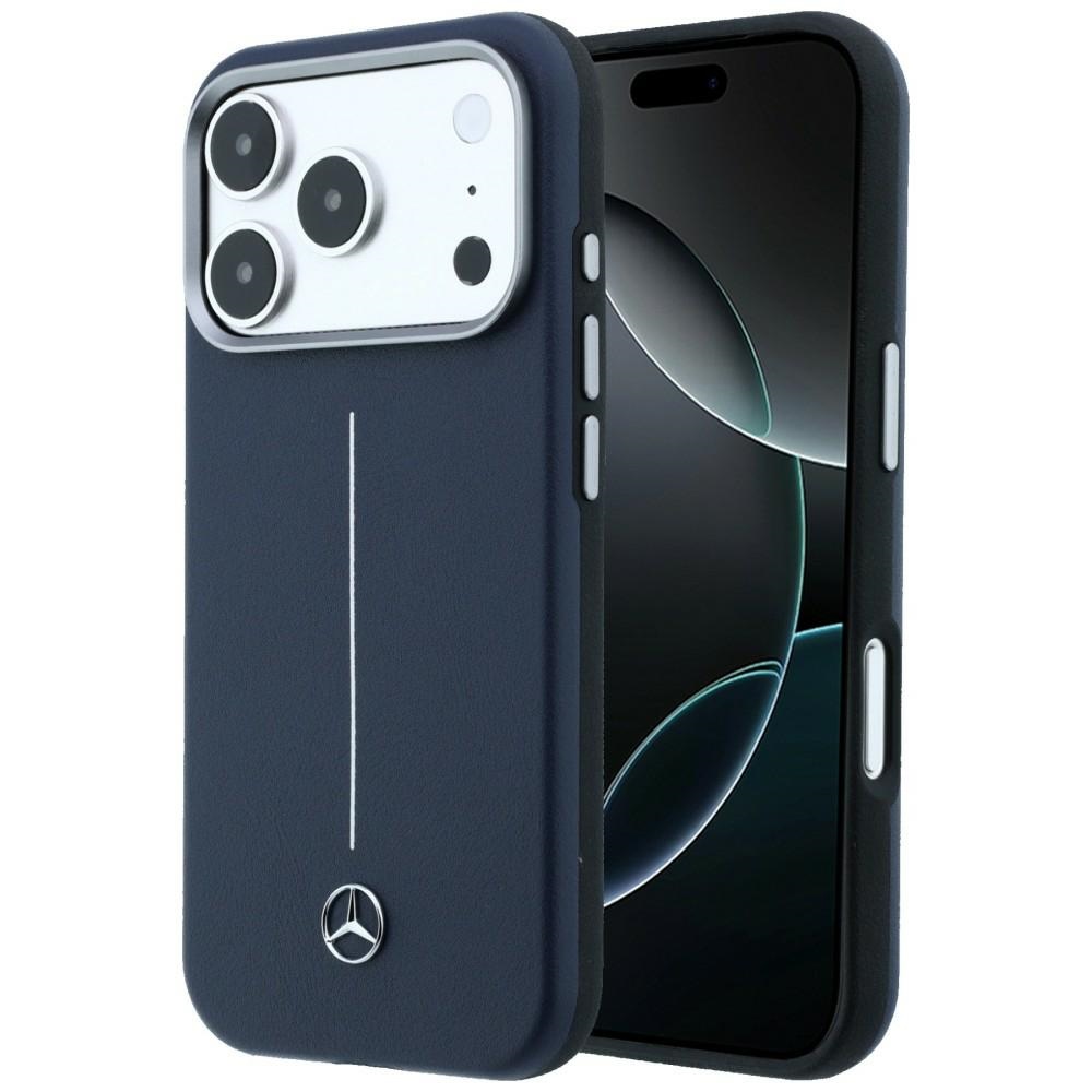 Mercedes Leather Semi Wrap Iconic Line MagSafe dėklas skirtas iPhone 17 Pro - tamsiai mėlynas