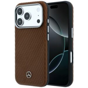 Mercedes Leather Semi Wrap Wood Effect MagSafe dėklas skirtas iPhone 17 Pro - rudas