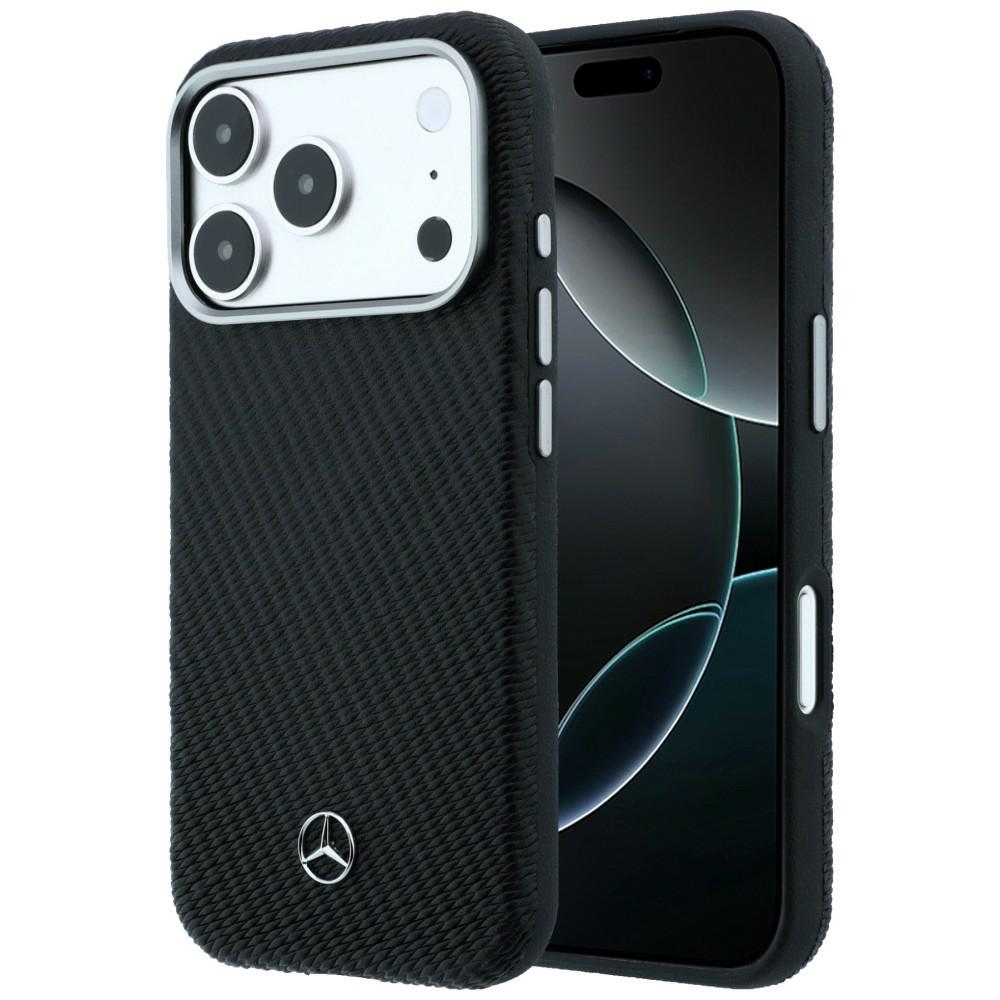 Mercedes Leather Semi Wrap Wood Effect MagSafe dėklas skirtas iPhone 17 Pro - juodas