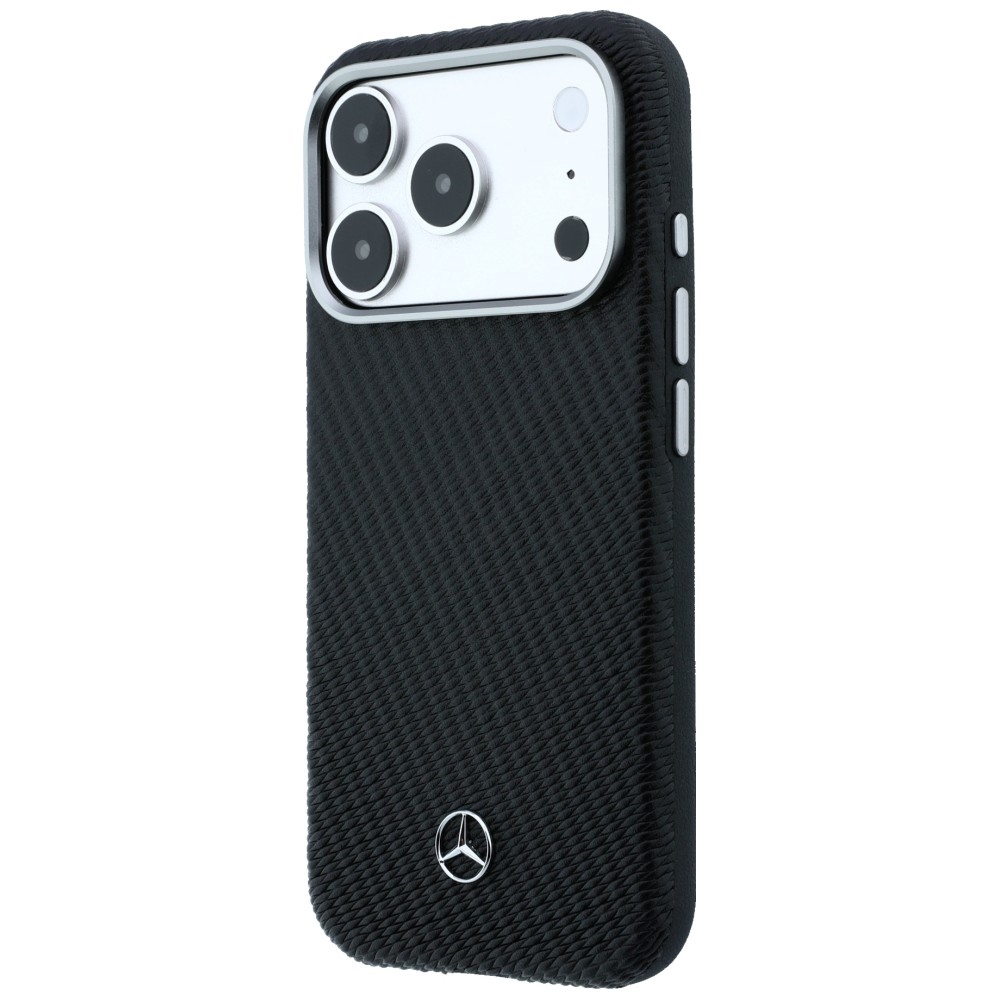 Mercedes Leather Semi Wrap Wood Effect MagSafe dėklas skirtas iPhone 17 Pro - juodas