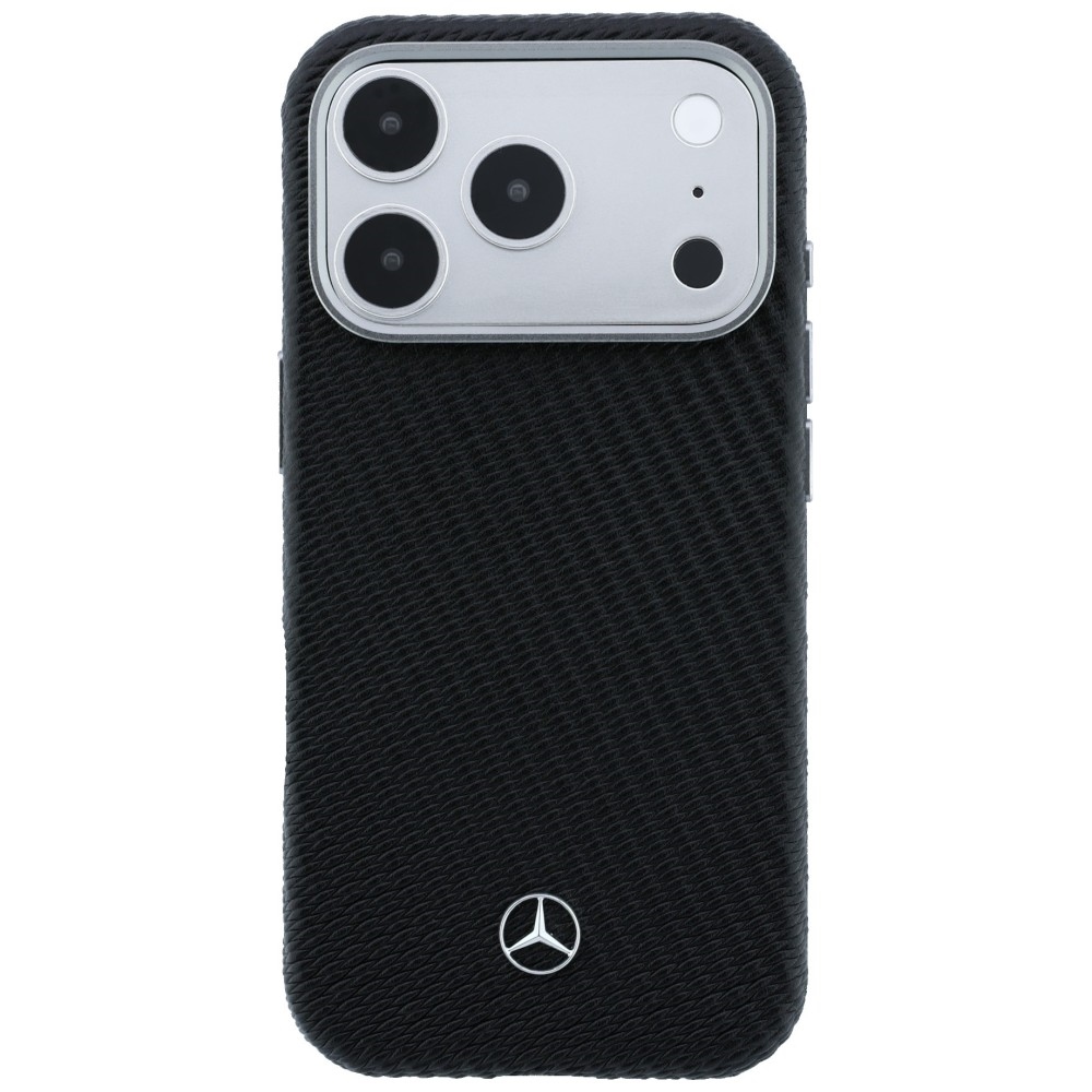 Mercedes Leather Semi Wrap Wood Effect MagSafe dėklas skirtas iPhone 17 Pro - juodas