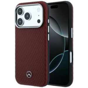 Mercedes Leather Semi Wrap Wood Effect MagSafe dėklas iPhone 17 Pro - Raudona