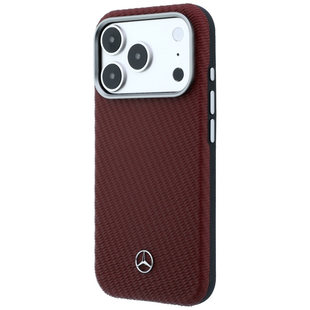 Mercedes Leather Semi Wrap Wood Effect MagSafe dėklas iPhone 17 Pro Max - Raudona
